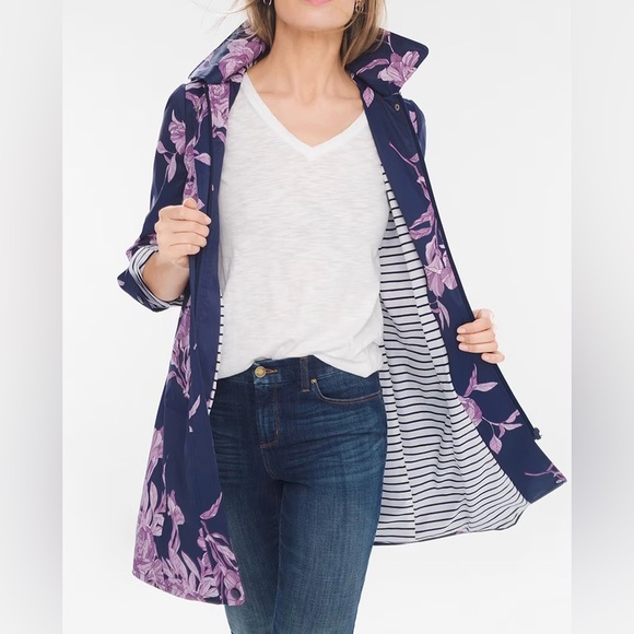 CHICO'S navy blue and purple flowers raincoat - Picture 2 of 8